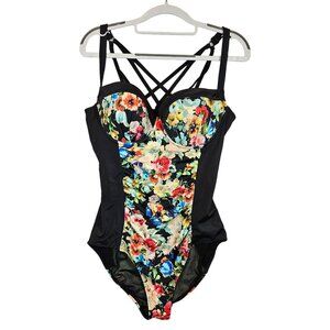 Torrid one piece swimsuit womens 00 Black colorful floral strappy slimming panne